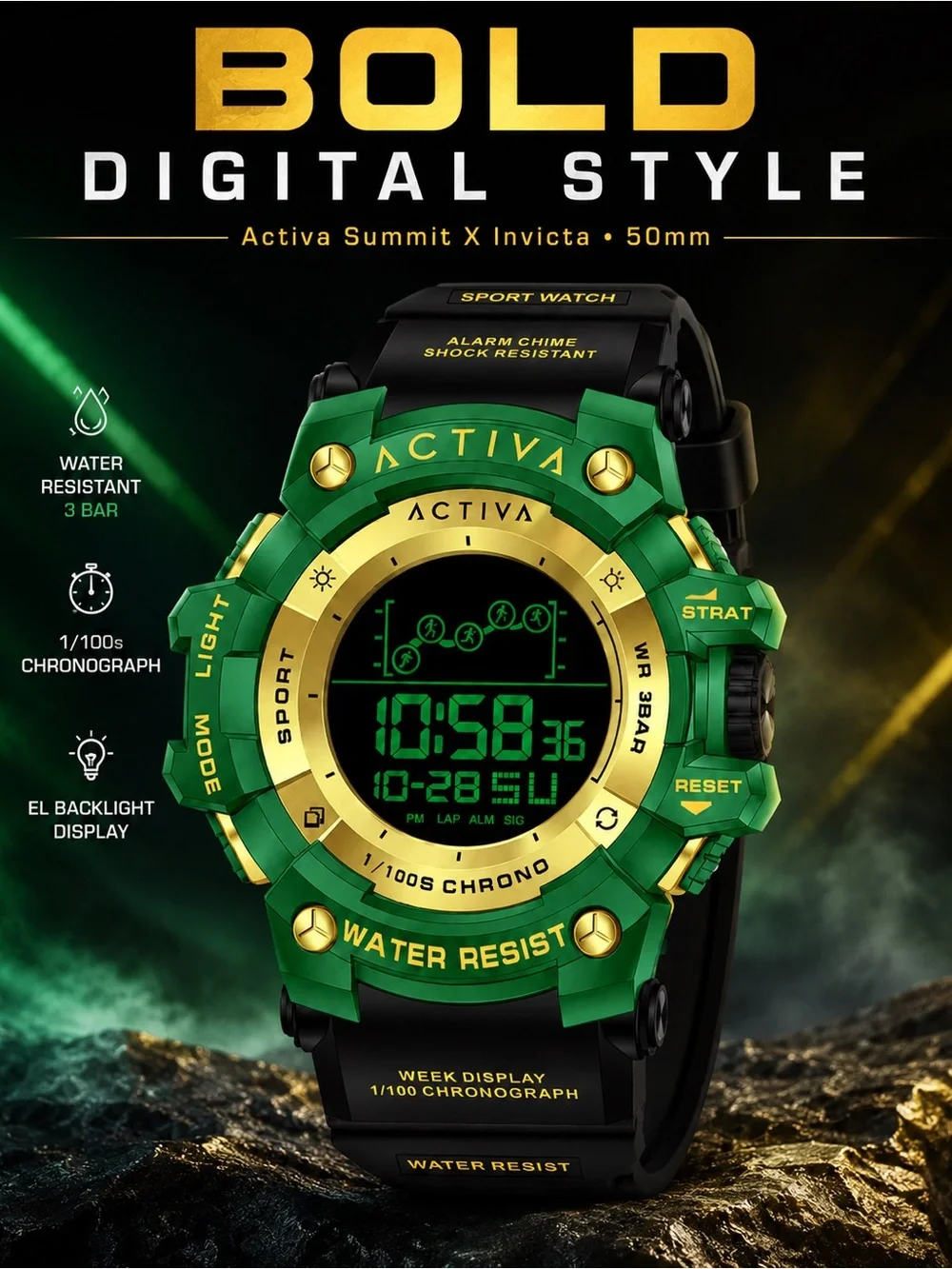 Activa X Invicta Summit 50mm Green Gold Digital Watch ACW8082-022 NIB